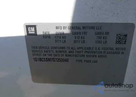 2016 Chevrolet Cruze Ls Auto z USA, uszkodzony, nr VIN 1G1BC5SM7G7253940